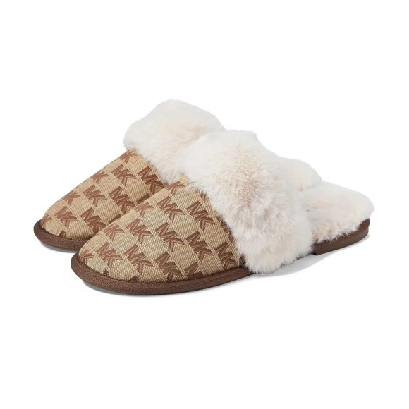 Michael Kors Woman’s Tula Scuff Slip-On Cozy Slippers Size 8 NIB Beige Ebony - Picture 1 of 6